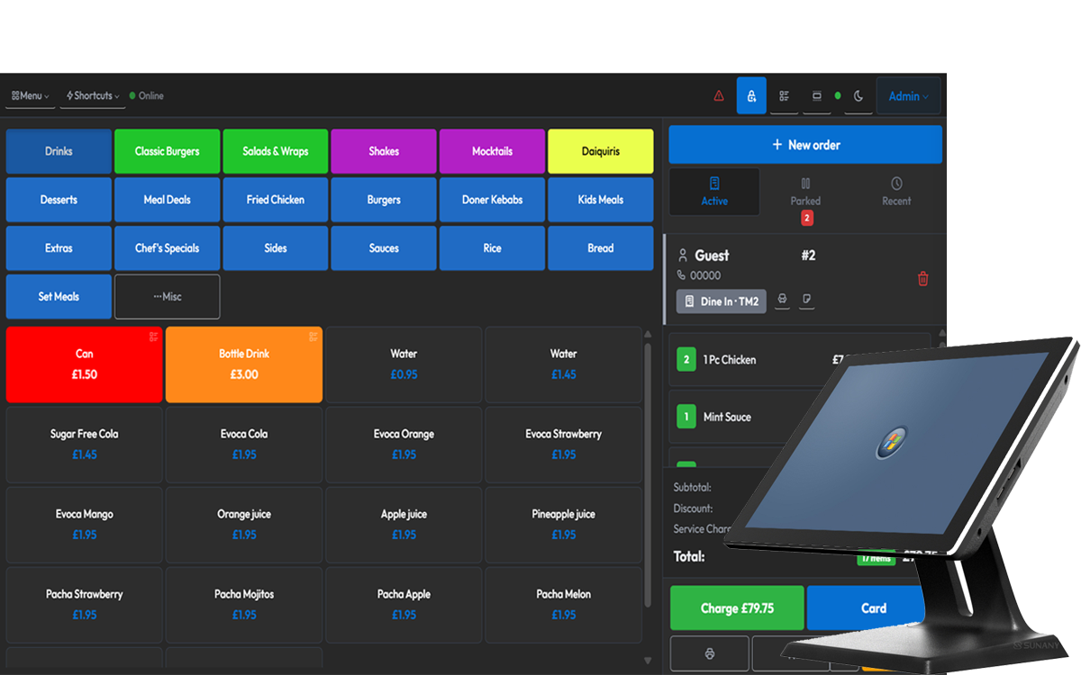 The menyu EPOS till interface with menu categories and a live order on a touchscreen terminal