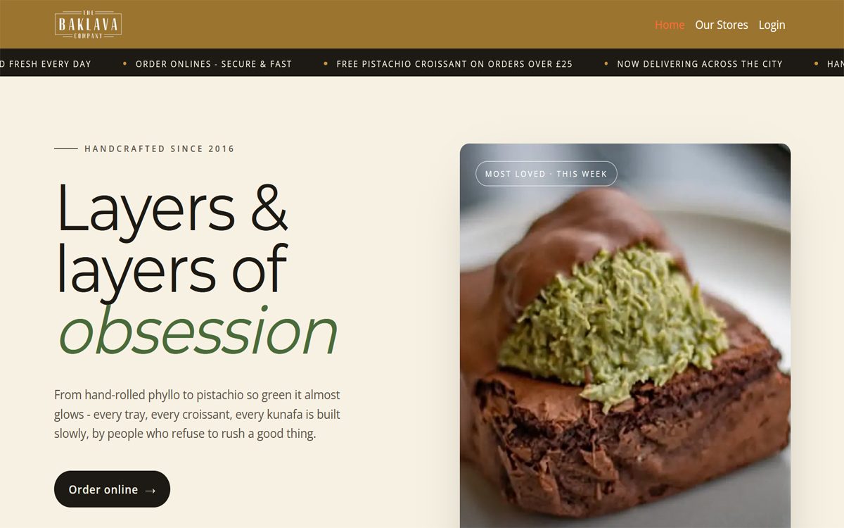 The Baklava Company’s branded online ordering website, powered by menyu